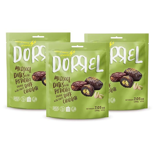 DORREL - Belgian Dark Chocolate Covered Dates (Medjool) with Pistachio Stuffing, High Energy Vegan Choco Snack, Delicious, Kosher & Non-GMO, Pack of 3 Stuffed Chocolate Dates, 7.05 oz / 200 g Ea