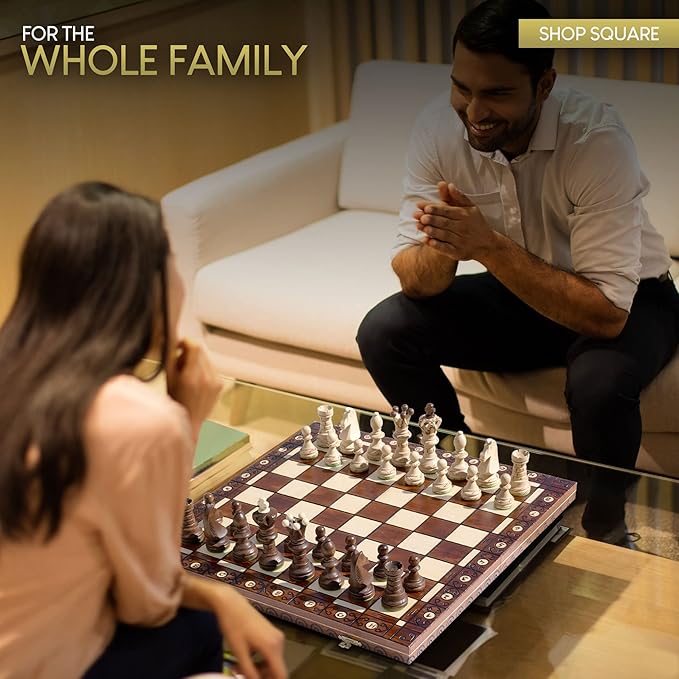 Wegiel Handmade European Ambassador Chess Set - Wooden 21 Inch Beech & Birch Board with Felt Base - Carved Hornbeam & Sycamore Wood Chess Pieces