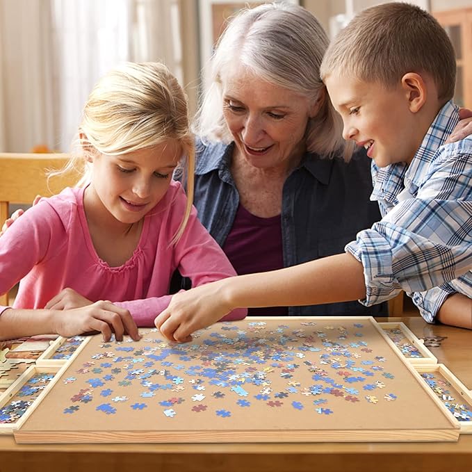 WOOD CITY Puzzle Board, 1000 Piece Wooden Jigsaw Puzzle Board with Drawers, 30” x 22” Portable Puzzle Table with Covers and Lazy Susan, Rotating Jigsaw Puzzle Table for Kids and Adults