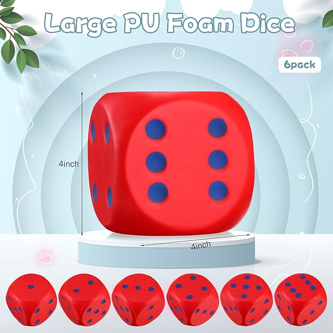 6 Pcs 4" Large Foam Dice Giant Cube with 6 Sided Number Dots Jumbo Soft Slow Big PU Foam Stress Ball for Party Game Math Learning Props Stress Relief Gifts(Red)