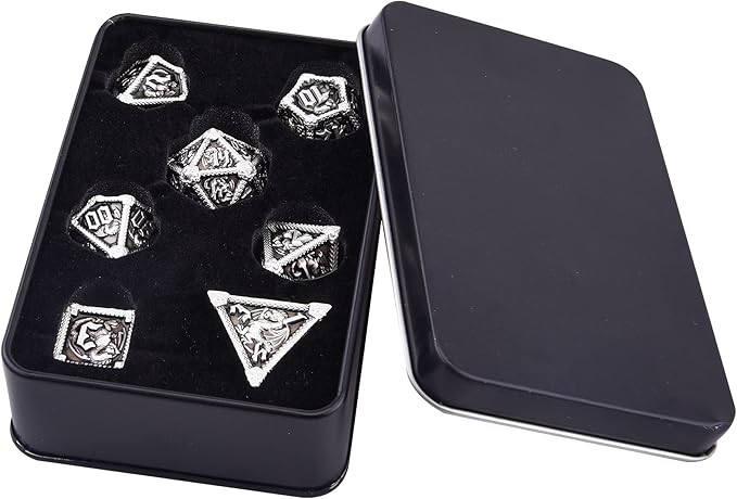 AUSTOR 7-Die Metal DND Dice Set Dungeons and Dragons Polyhedral Roll Playing Dice with Box D20 D12 D10 D% D8 D6 D4 for Pathfinder MTG RPG Board Games