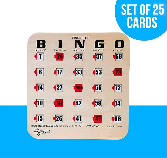 Regal Bingo Bulk Bingo Cards with Sliding Windows - Reusable Large Print Bingo Game Cards for Adults Large Group - 25 Pack, Woodgrain