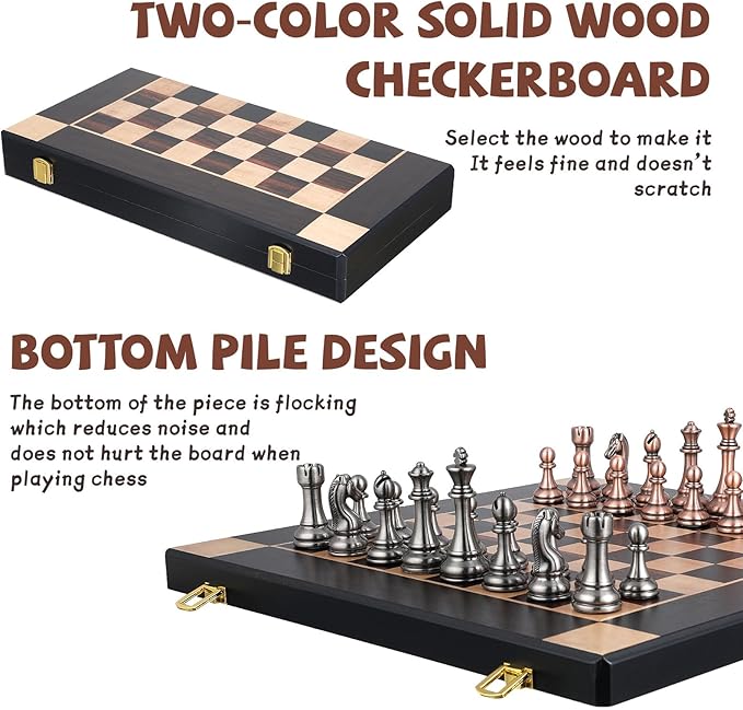 15-Inch Large Metal Chess Set for Adults and Kids with Metal Chess Pieces – Foldable Wooden Board with Storage, Portable Classic Game Set for Travel & Home, Elegant Gift for Chess Enthusiasts
