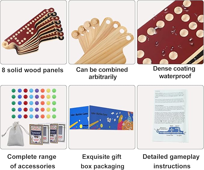 Interlocking Wood Jokers Board Game,2-8 Player Marbles and Jokers Game for Adults,Perfect Family and Party Gift with 4 Decks of Cards (Brown and Black)