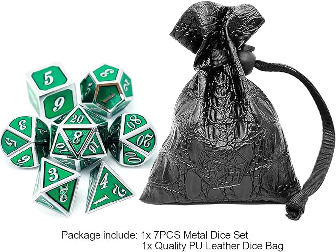 Haxtec 7 Die Metal DND Dice Set Green Elven Goblin D&D Dice Set for Dungeons and Dragons RPG Gaming-Silver Emerald Green Elvish Dice