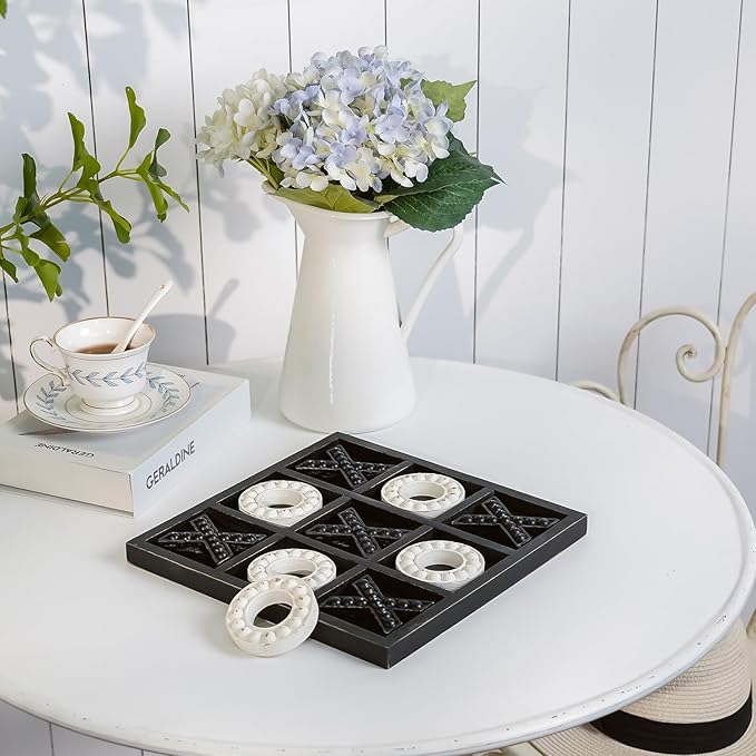 NIKKY HOME Tic Tac Toe Game Coffee Table Decor, 10.6 Inch Rustic Wooden Board, Black