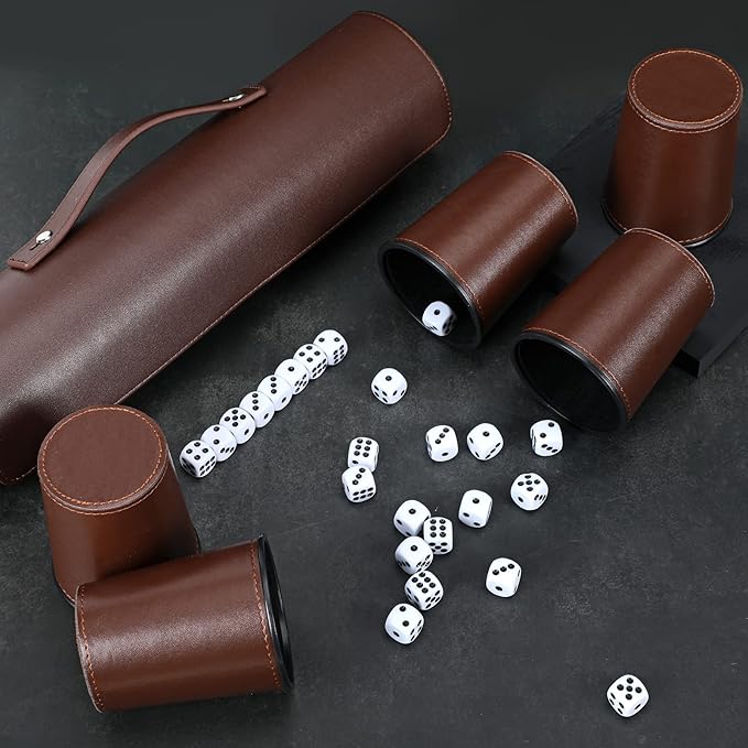 Party Games Leather Dice Cup Set, 5 Black Dices Cups + 25 Dice + Exclusive Storage and Transport Case Made of Faux