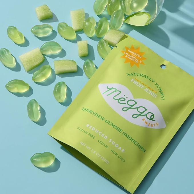 Meggo Sweets Gummie Smoochies Variety Pack | Peach, Honeydew, Sour Strawberry | Natural Fruit Pectin Candy | Vitamin C, E, Biotin | No Cane Sugar | Organic Juice Concentrate | Sweet and Sour Mix | Gluten Free, Vegan, Non-GMO