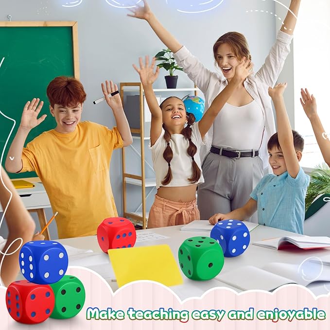 6 Pcs 4" Large Foam Dice Giant Cube with 6 Sided Number Dots Jumbo Soft Slow Big PU Foam Stress Ball for Party Game Math Learning Props Stress Relief Gifts(Colorful)