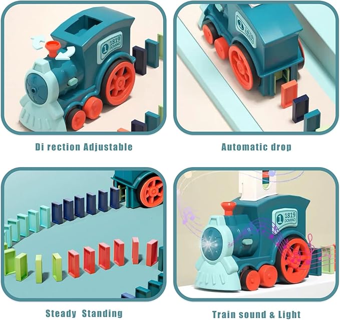 Automatic Domino Train for Kids 200pcs Blocks Montessori Dominos Stacking Toys Christmas or Birthday Gifts for 3 4 5 Year Old Boys Girls Toddler Age 6-8 Game Play (Blue)