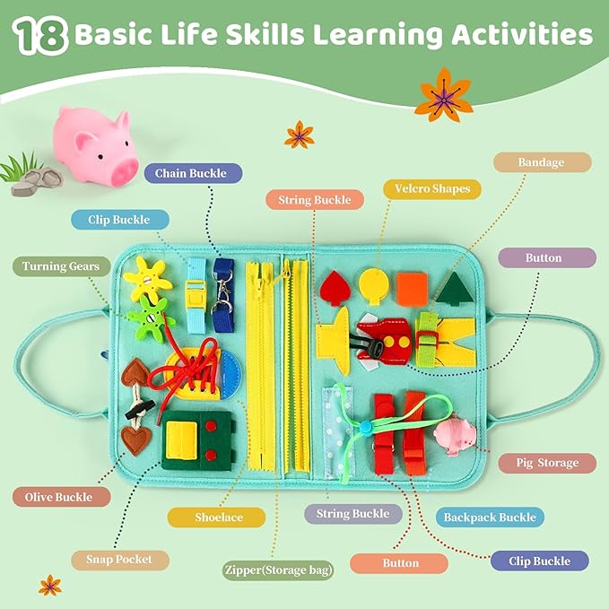 Toddler Busy Board for 1 Year Old, Montessori Toy Busy Book for Toddlers 1-3 with Fishing Game Motor Skills, Educational Learning Toy Car Airplane Activities Kid Travel Essential 2-4 Yr Birthday Gift