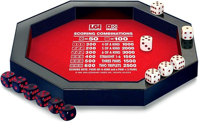 Farkel Game Set with Deluxe Dice Rolling Tray, Built-in Dice-Collection Channel, 2 Sets of Dice, 40-Sheet Scorepad, Classic Family Game