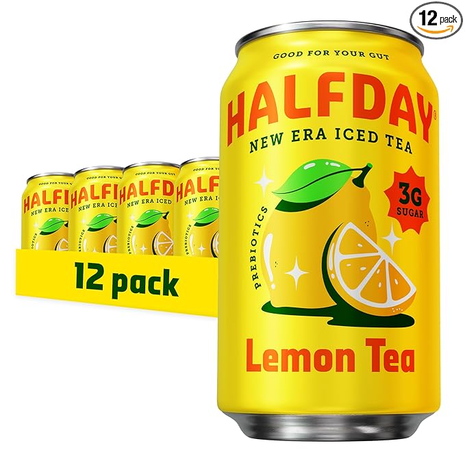 HALFDAY Prebiotic Lemon Iced Tea Cans, Supports Digestive & Gut Health, 6g Plant Fiber & Prebiotics, Low Sugar, 35 Calories, Real Brewed Tea, Natural Caffeine, Gluten Free, Keto, 12 fl oz (12 pack) Packaging May Vary