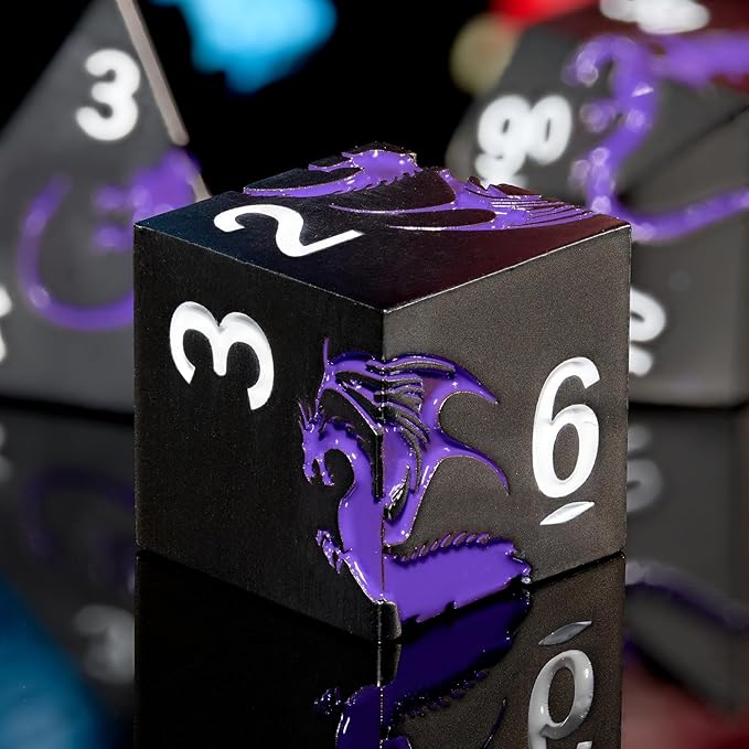 Metal Dice Set D&D, HNCCESG Polyhedral Dice 7 Piece Dice Dragon Metallic DND Dice Set for Dungeons and Dragon RPG Tabletop Game(Black Purple Dragon)