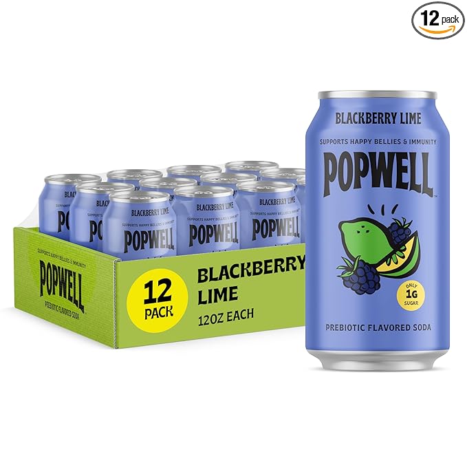 Popwell Blackberry Lime Better-For-You Prebiotic Soda, with 6g Fiber, 1g Sugar, Vitamins and Immunity Support, 12 fl oz Cans (pack of 12)