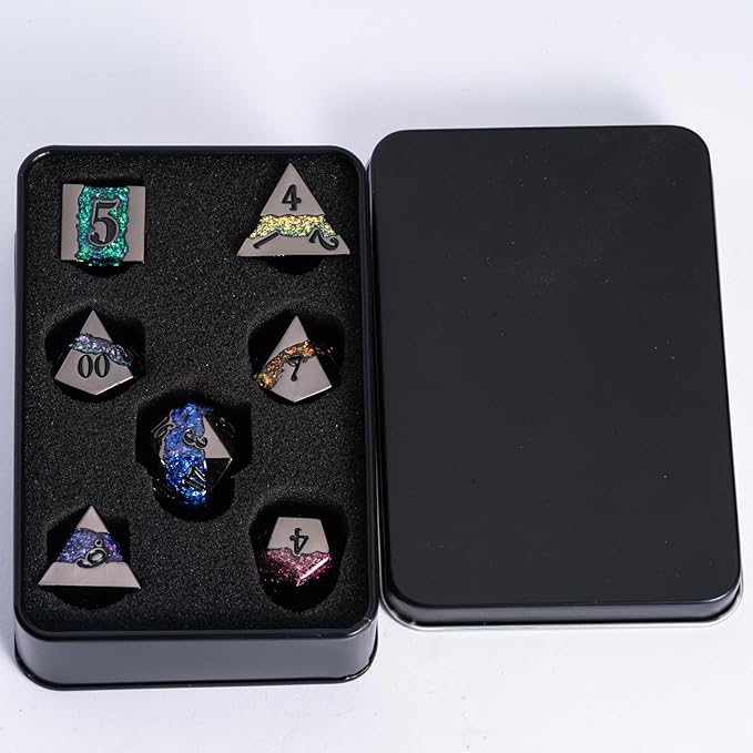 D&D Dice Set Metal,Large Striped Glitter Dice Set.RPG Polyhedral Dice 7pcs Set