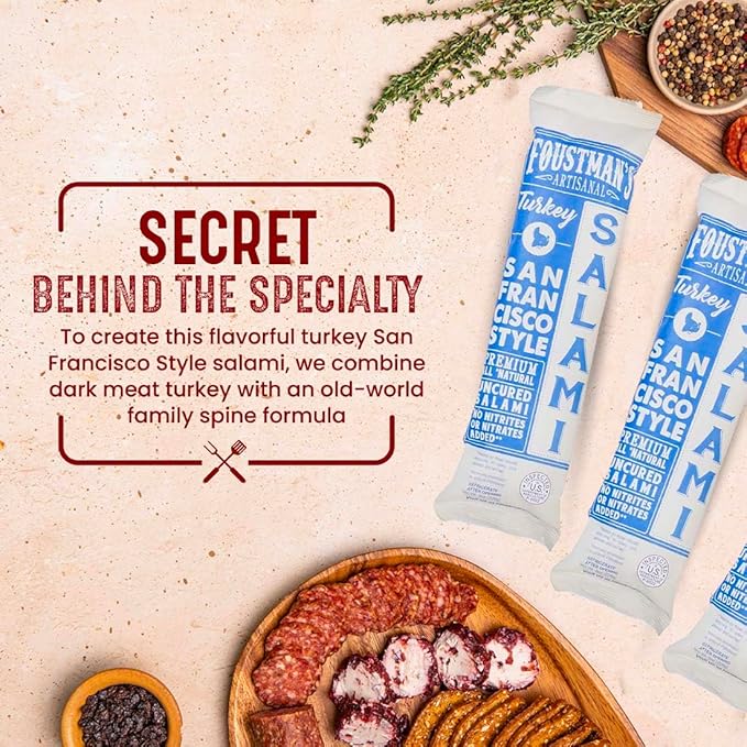 Foustman's Salami Turkey San Francisco Style Artisanal, Nitrate-Free, Naturally Cured, Gluten-Free, Dairy-Free, No Pork, Turkey Deli Meat, 7 Oz Sticks