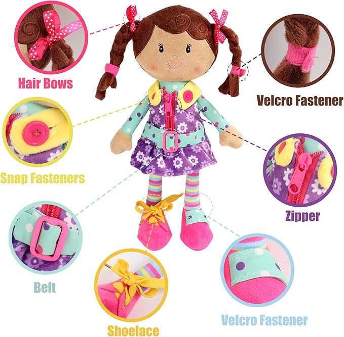 Sugar Snap Plush Learn to Dress Doll for Toddlers - 15" - for 2 Year Old Girl - Montessori