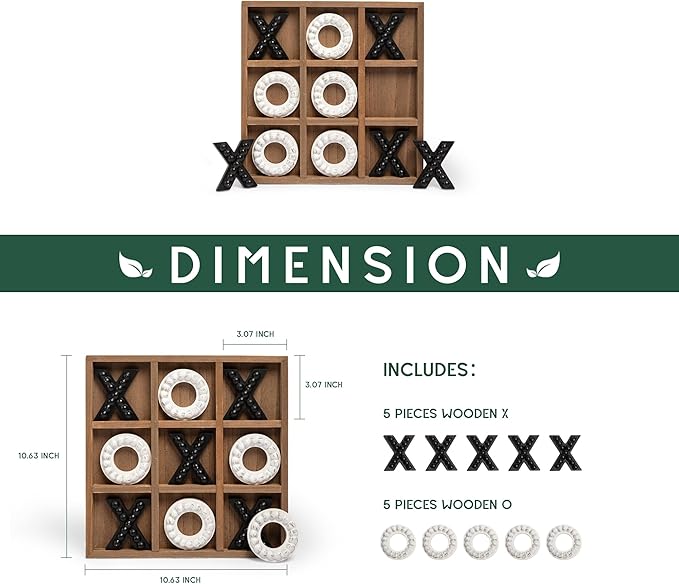 GENMOUS Wooden Tic Tac Toe Game Board for Kids Seniors Family Indoor Game, 10.6 Inch Rustic Giant Tic Tac Toe Coffee Table Decor, Fun for Family Travel Outdoor Game Room Decor