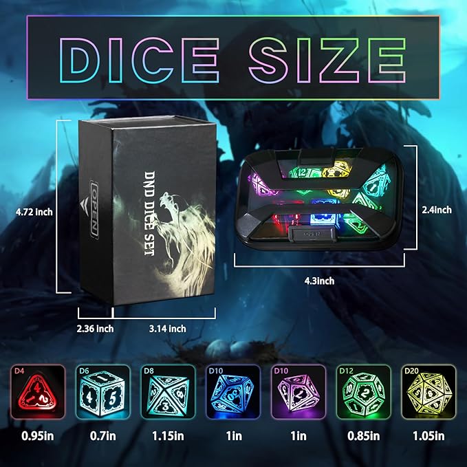 Wireless Light Up Dice Set D and D RGB for Dungeons and Dragons,Cool LED DND Dice with Charging Box Rechargeable 7 Color Polyhedral Role Playing Dice for DND Gifts RPG(Astral Shard Black)