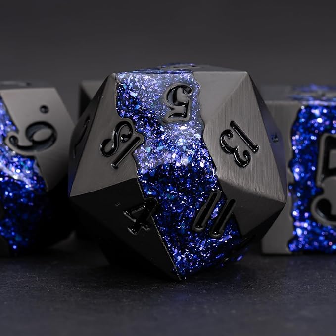 Metal DND Polyhedral Dice,Large Stripe Glitter Metallic Dice Set,Antique Silver Dice 7pcs Set for Role Playing Games(Pearl Gun Purple)