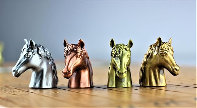 Metal Horse Race Board Game Set with Horse Racing Thick & Solid Wood Game Board(16"/Dark),11 Luxurious with 4 Antique(Gold,Silver,Red Cooper&Bronze) Metal Craft Horses, Dice&Cards (HR-M654)