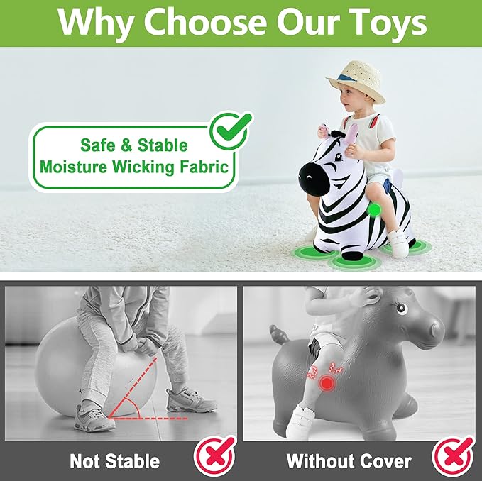 iPlay, iLearn Bouncy Pals Zebra Hopping Horse, Plush Inflatable Animal Hopper, Indoor n Outdoor Ride on Jumping Bounce Toys, Birthday Gift for 18 Months 2 3 4 5 Year Old Kids Toddlers Boys Girls