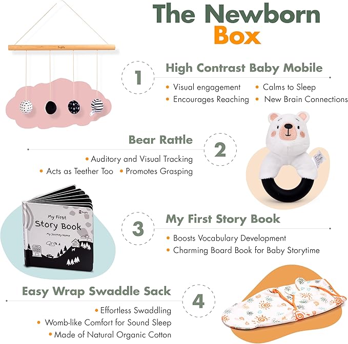 Newborn Montessori Toy Set 0-2 Month Infant Toys Black and White Book, Stroller Rattle, Organic Swaddle, High Contrast Flash Cards Elephant Animal Tummy Time
