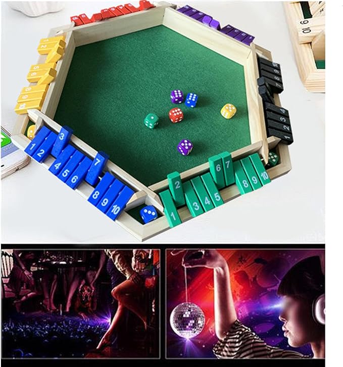 Wooden Shut The Box Dice Game for 6 Players - Multiplayer Tabletop Game with 12 Dice