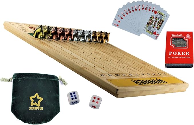 Metal Horse Race Board Game Set with Horse Racing Thick & Solid Wood Game Board(16”/Natural),11 Luxurious with 4Antique(Gold,Silver,Red Cooper&Bronze) Metal Craft Horses, Dice&Cards (HR-M554)