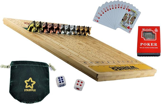 Metal Horse Race Board Game Set with Horse Racing Thick & Solid Wood Game Board(16”/Natural),11 Luxurious with 4Antique(Gold,Silver,Red Cooper&Bronze) Metal Craft Horses, Dice&Cards (HR-M554)