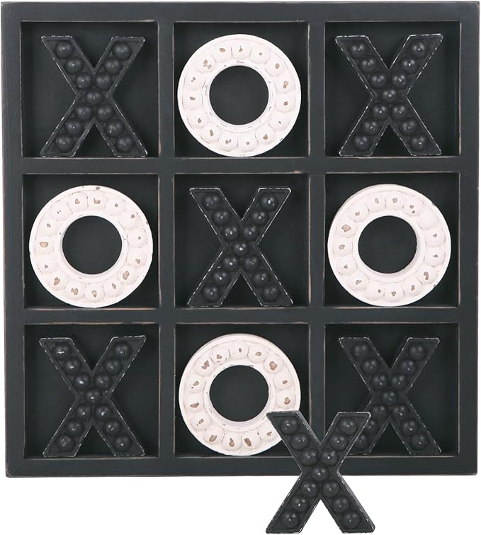 NIKKY HOME Tic Tac Toe Game Coffee Table Decor, 10.6 Inch Rustic Wooden Board, Black