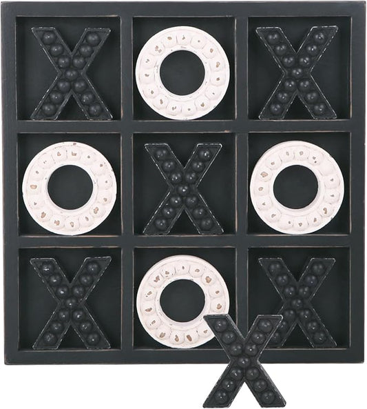 NIKKY HOME Tic Tac Toe Game Coffee Table Decor, 10.6 Inch Rustic Wooden Board, Black