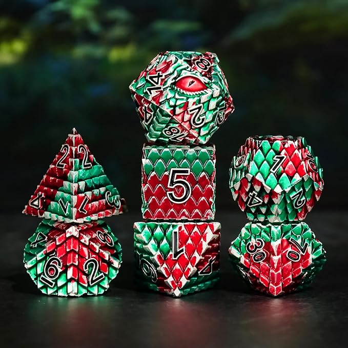 Metal Dice Set D&D,7 PCS Dragon Scale Metallic DND Dice Set,Dragon Eye Metal Dice with Gift Metal Box for Dungeons and Dragon Tabletop Game (Red Green Dragon Scale & Red Eye)