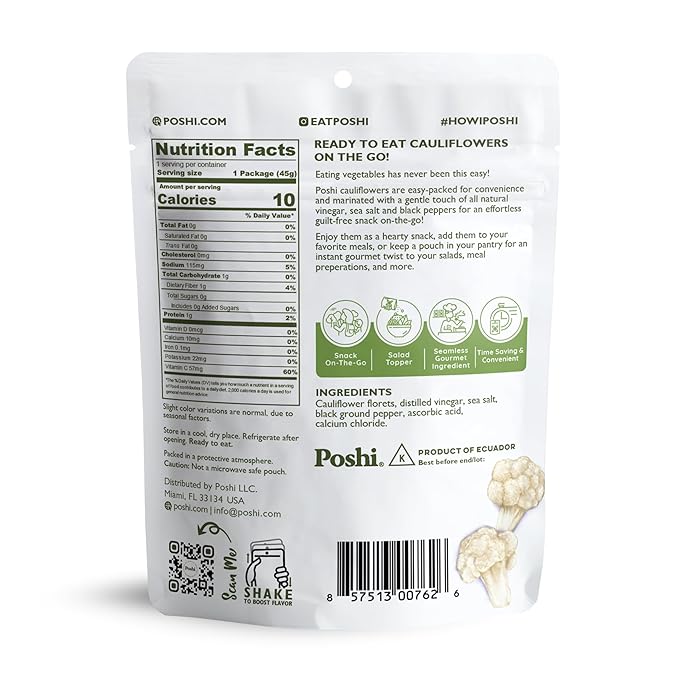 POSHI Marinated Cauliflower Florets Snack Pack | Salt + Pepper | Keto, Vegan, Paleo, Non GMO, Low Carb + Calorie, Gluten Free, Fully Cooked Vegetables, Gourmet, Healthy, All Natural (10 Pack, 1.58 oz)