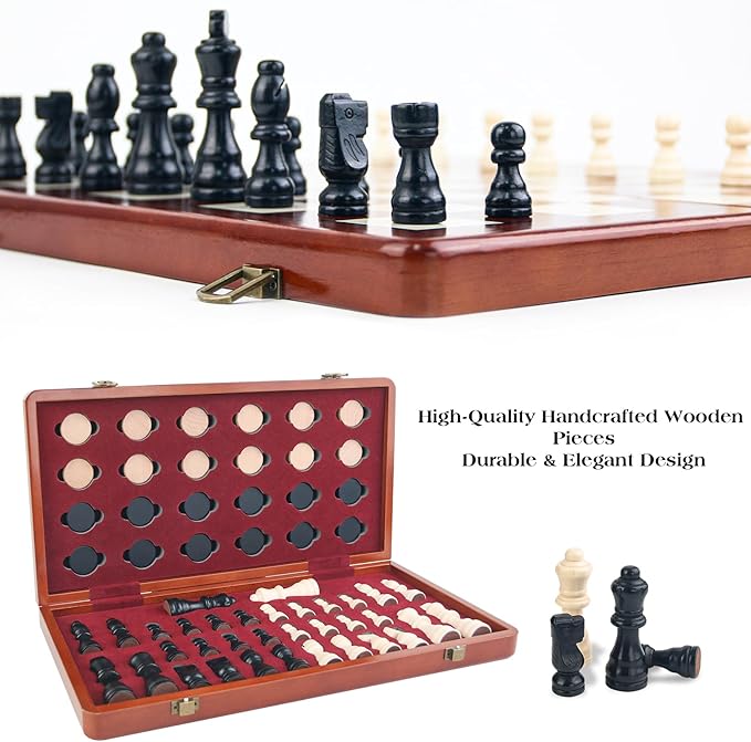 Magnetic Wooden Chess Set & Checkers Board Game - 15" Folding Chess Board, Portable Chess Set for Adults, Classic Wooden Chess Sets for Beginners