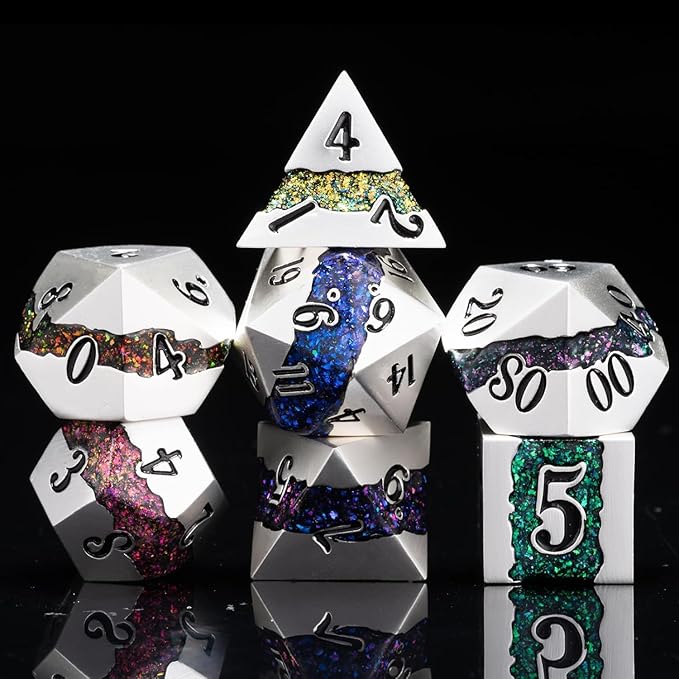 Polyhedral Metal Dice Set,7pcs Set Glitter Stripe DND Dice with Gift Box for RPG