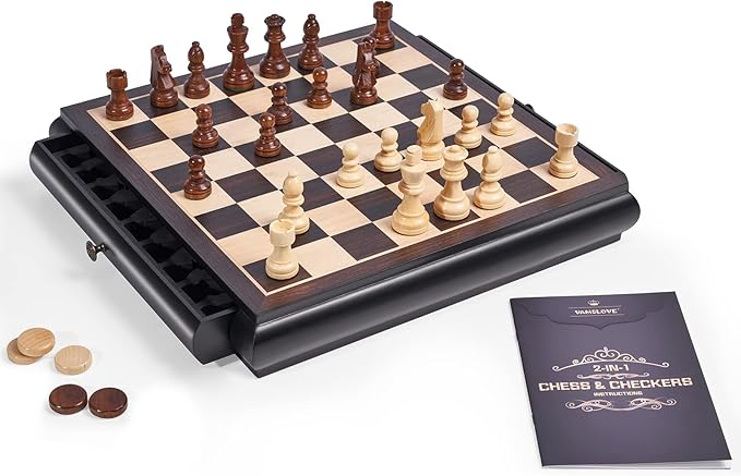 VAMSLOVE Wooden Chess Checkers Game Set 15.5" Large Size Board w/Storage Drawers, Weighted Chess Pieces - 2 Extra Queens 3" King, Gift for Birthday Housewarming Retirement - Black
