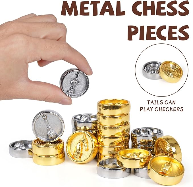 2-in-1 Metal Chess and Checkers Set for Adults & Kids –Travel Chess Sets Luxury Wooden Foldable Chessboard with Storage – Portable Classic Family Strategy Board Game with Metal Chess Pieces