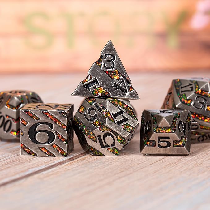 Anitque Metal Dice D&D,Metal Glitter Stripe Dice 7pcs Set with Gift Case,Polyhedral Dice for Role Playing Game (Antique Nickel Red)