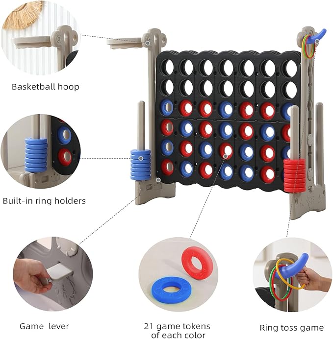 UNICOO® Height Adjustable Jumbo 4-to-Score Game, 4 in A Row Game with Basketball Hoop, Ring Toss, Carrying Bag, Indoor Outdoor Yard Game, Parties & Family Gatherings
