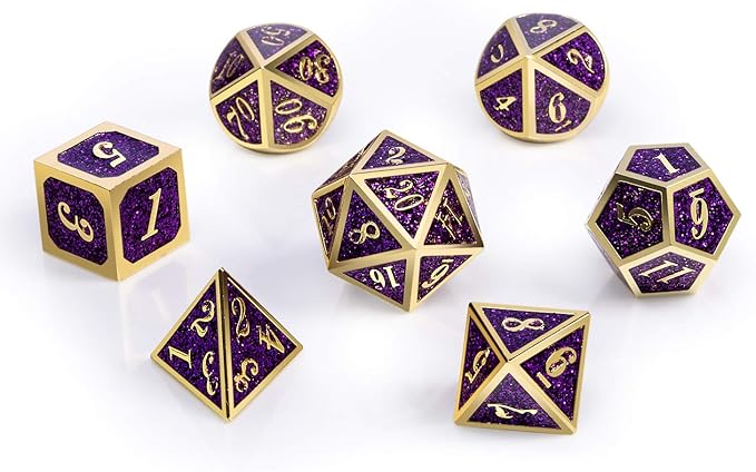 DNDND Glitter Purple Metal Dice Set, Solid Polyhedral DND Metallic Dice with Free Metal Case for Role Polying Game Dungeons and Dragons