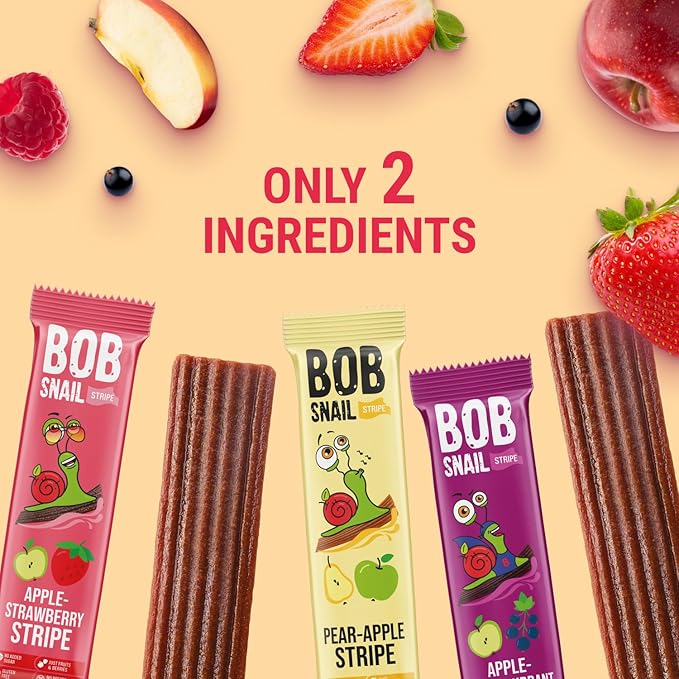 BOB SNAIL Healthy Organic Fruit Snacks for Kids and Adults–30 Organic Fruit Leather Snacks with Apple-Pear, Strawberry, Black Currant–Vegan Low-Carb Variety Pack Strips for Kids–Sugar Free Jerky Bars