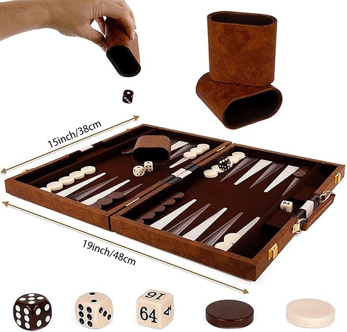 15inch Backgammon Set Classic Folding Board with Leather Case, Portable Travel Game, Ideal Gift Package for Strategy Lovers