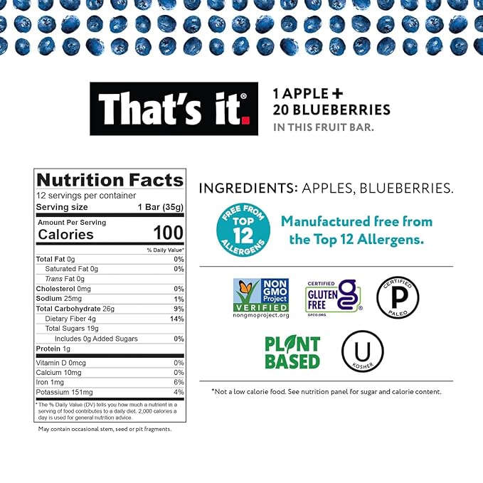 That's it. Apple + Blueberry 100% Natural Real Fruit Bar, Best High Fiber Vegan, Gluten Free Healthy Snack, Paleo for Children & Adults, Non GMO No Sugar Added, No Preservatives Energy Food (12 Pack)