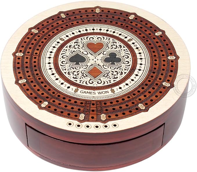 Round Shape 3 Track Non-Continuous Cribbage Board - Push Drawer Storage for Pegs and 1 Deck of Cards with Score Marking Fields for Won Games (Maple Wood/Bloodwood)
