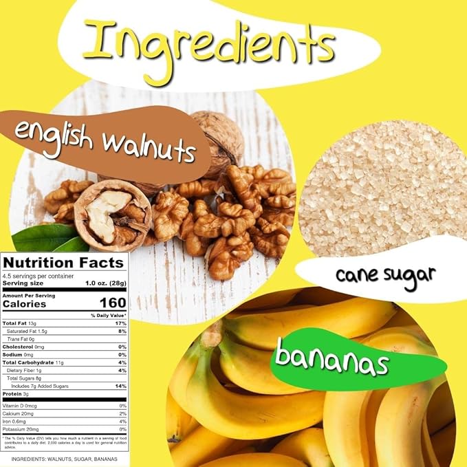 Crazy Go Nuts Walnuts - Banana, 1.25 oz (12-Pack) - Healthy Snacks, Vegan, Gluten Free, Superfood - Natural, Non-GMO, ALA, Omega 3 Fatty Acids, Good Fats, and Antioxidants