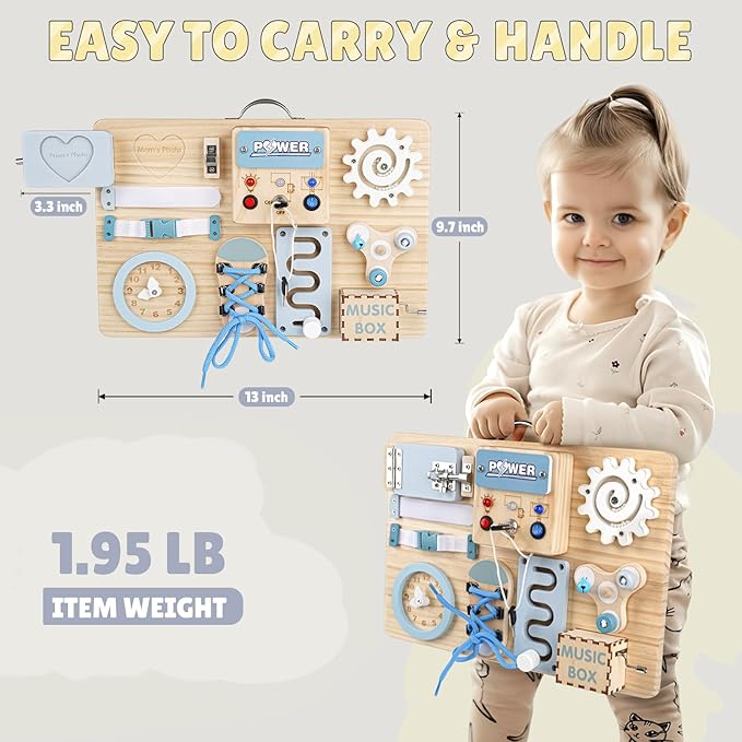 Joyreal Busy Board Montessori Toys with LED Lights, Autism Sensory Travel Toys, Fidget Board Ideal Gift for Boys Girls Wooden Toddler Toys