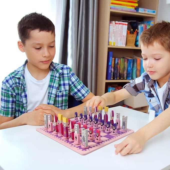 TOYANDONA Wooden Chess Set, 11.8 inch Cartoon Travel Chess Set Pink Chess Board Game Set with Cute Chess Pieces for Kids and Adults