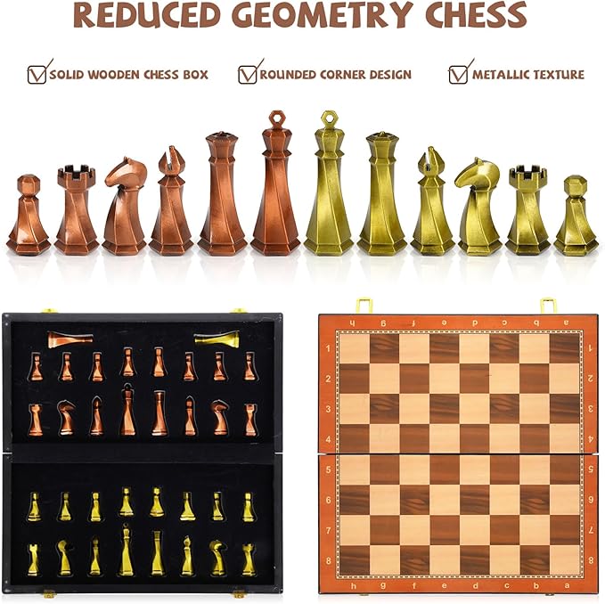 Large Metal Chess Set for Adults – 15" Wooden Chess Board with Metal Chess Pieces Travel Chess Sets with Metal Chessmen – Collectible Elegant Chess Game – Family Vintage Board Game